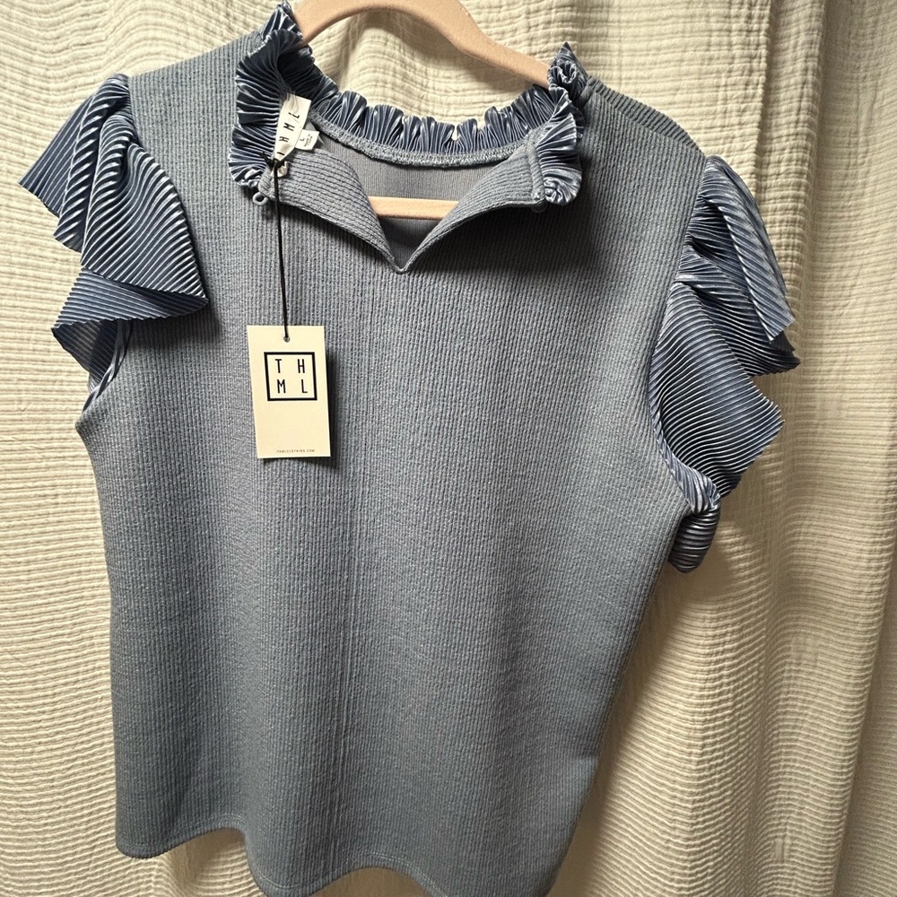THML Blue Ruffle Sleeve Blouse - Picture 2 of 3